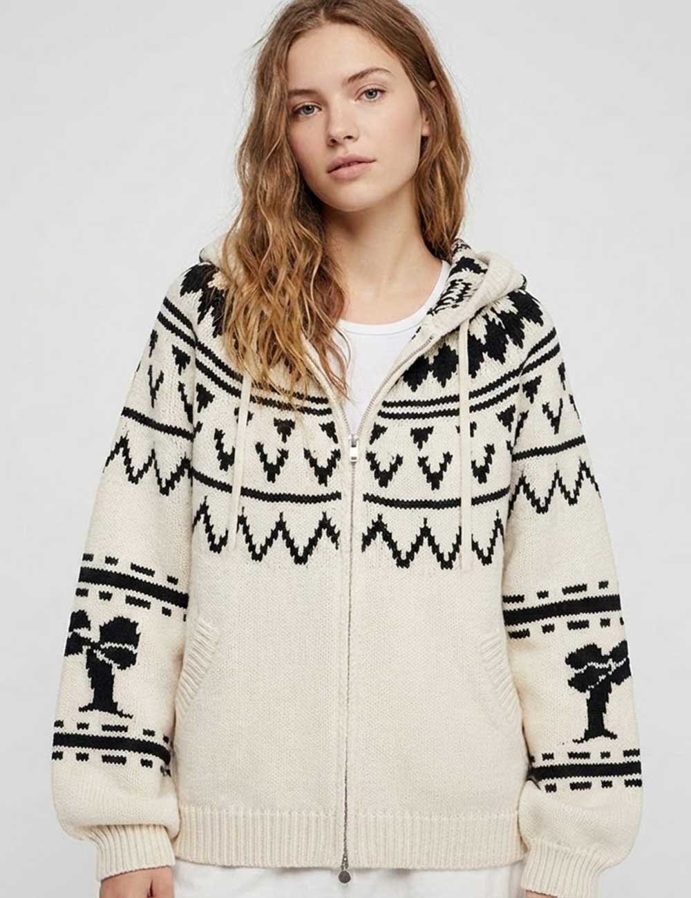 Retro Color Block Jacquard Zipper Hooded Cardigan DP25H637