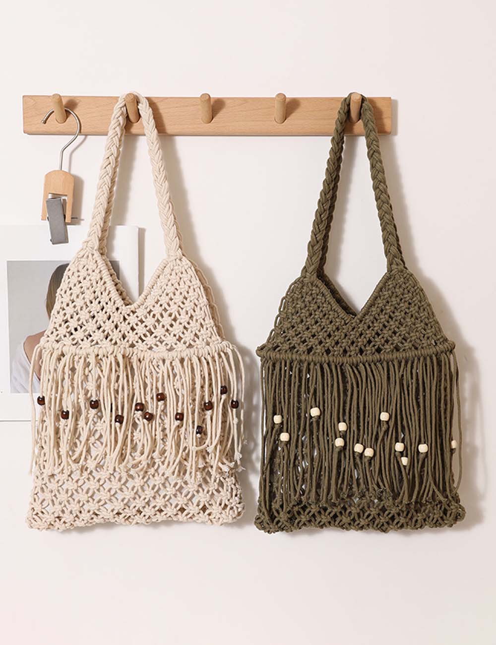 Trendy Wooden Beaded Tassel Hollow Shoulder Bag 8BW6BBG437L