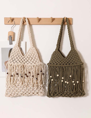 Trendy Wooden Beaded Tassel Hollow Shoulder Bag 8BW6BBG437L