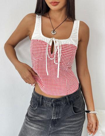 String Plaid Color Block Sleeveless Tank Tops DP25C417