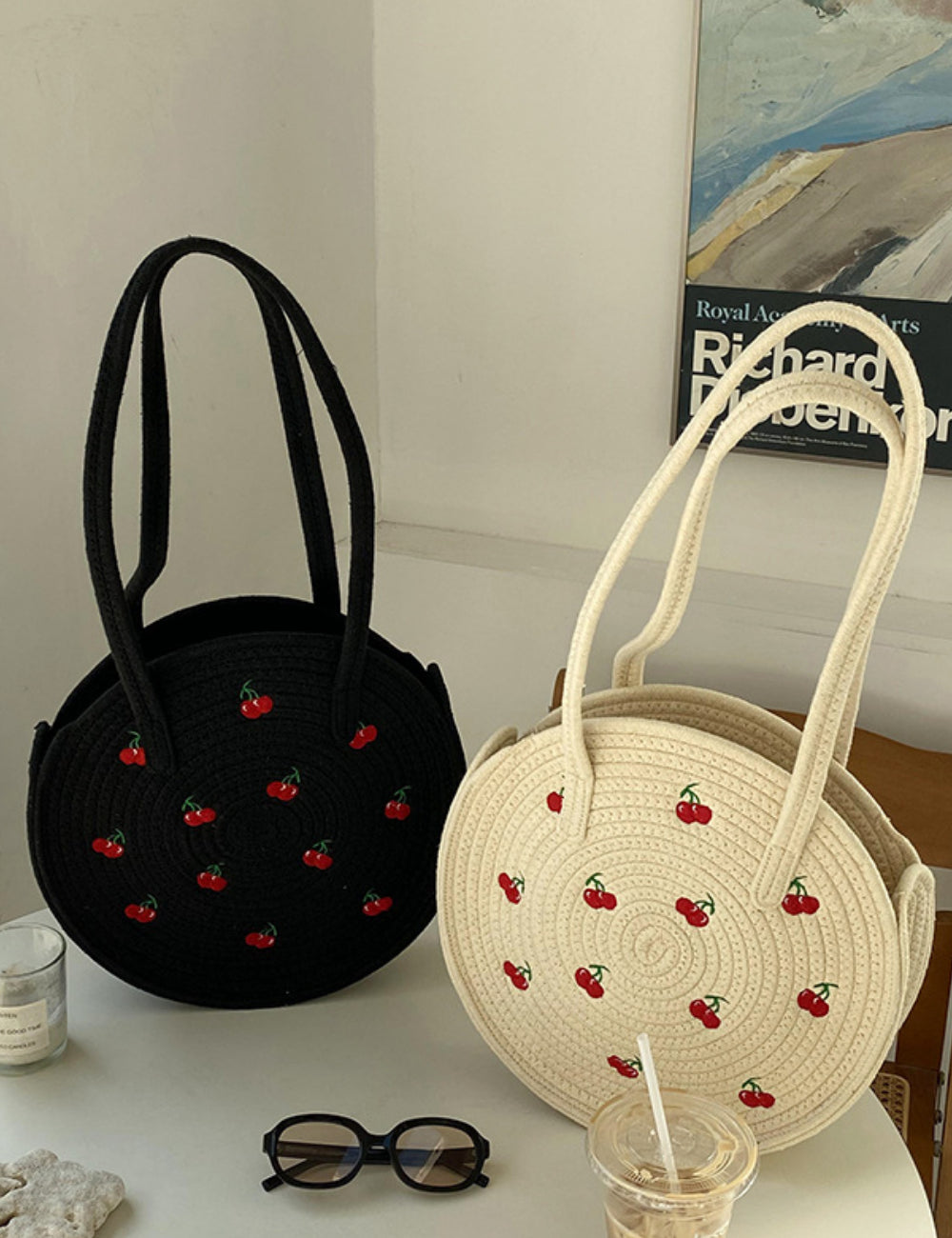 Embroidered Cherry Round Woven Bag DPWB11