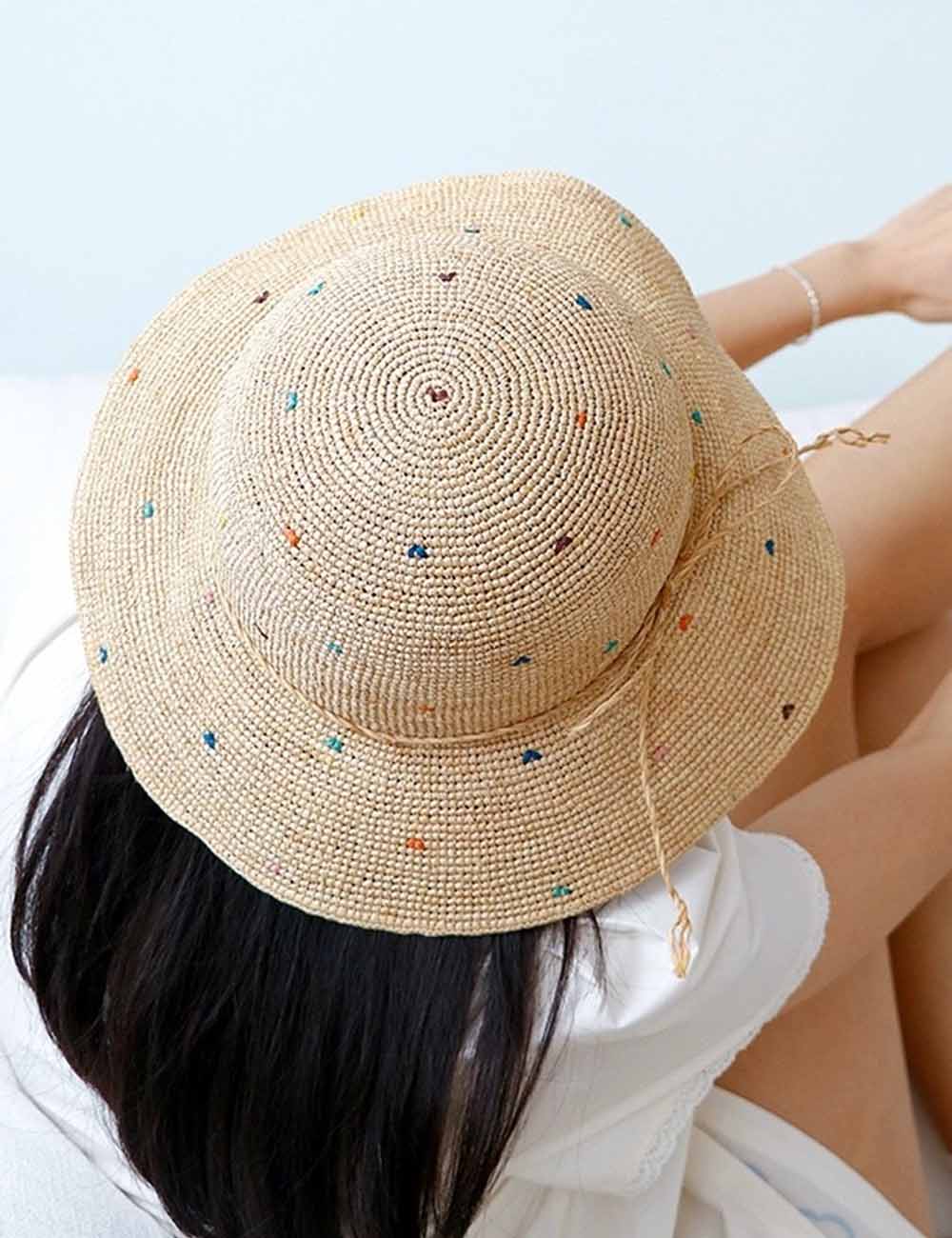 Simple Colorful Dots Raffia Straw Bucket Hat DP25E412