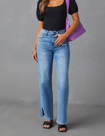 Straight Leg Denim Jeans High Waist Split Jeans DPP3011