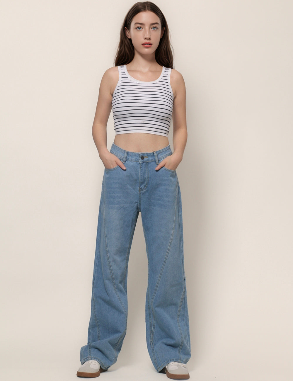 High Waist Splice Denim Pant Loose Jeans DPP4803