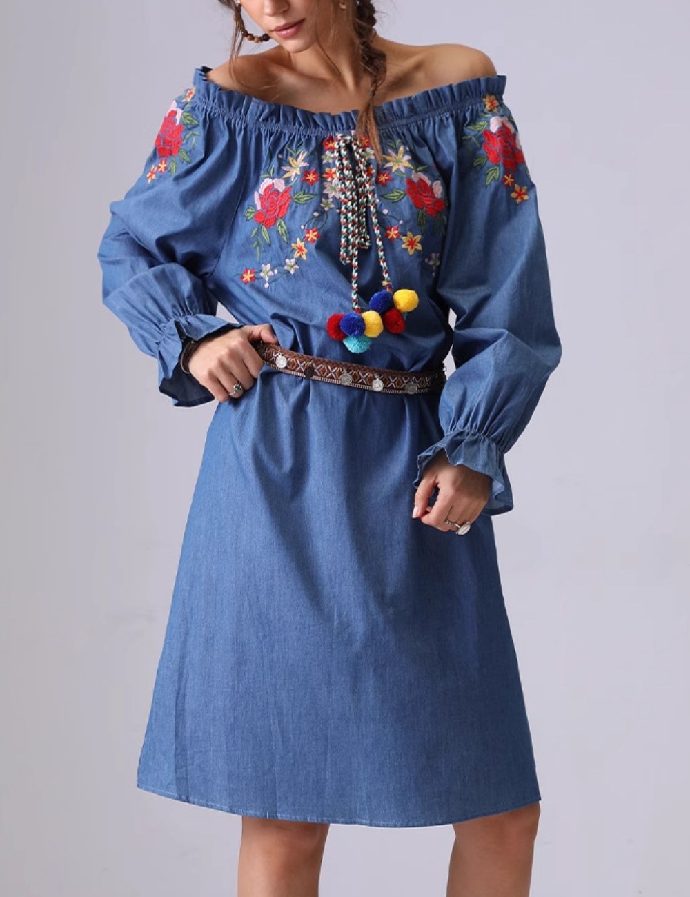 Off Shoulder Flower Embroidered Mid Denim Dress DP25C881