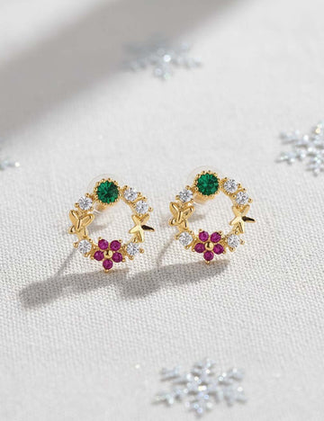 Cute Wreath Bow Rhinestone Stud Earrings DP25G796