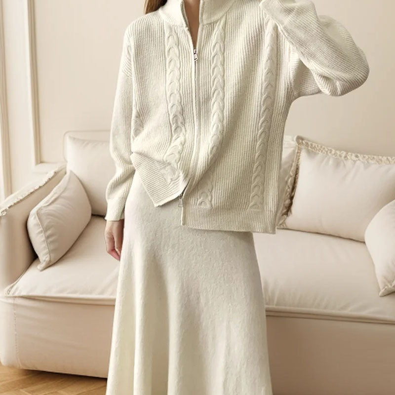 2 Pcs Fall Zip-Up Cardigan Maxi Skirt Set DP25G547