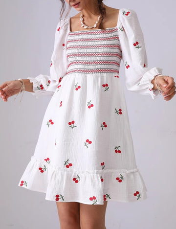 Cherry Smocking Square Collar Midi Dress DP25C883