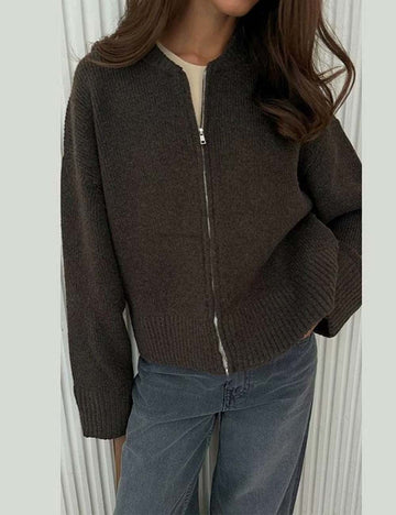 Casual Solid Color Zip Up Knit Cardigan DP25G918