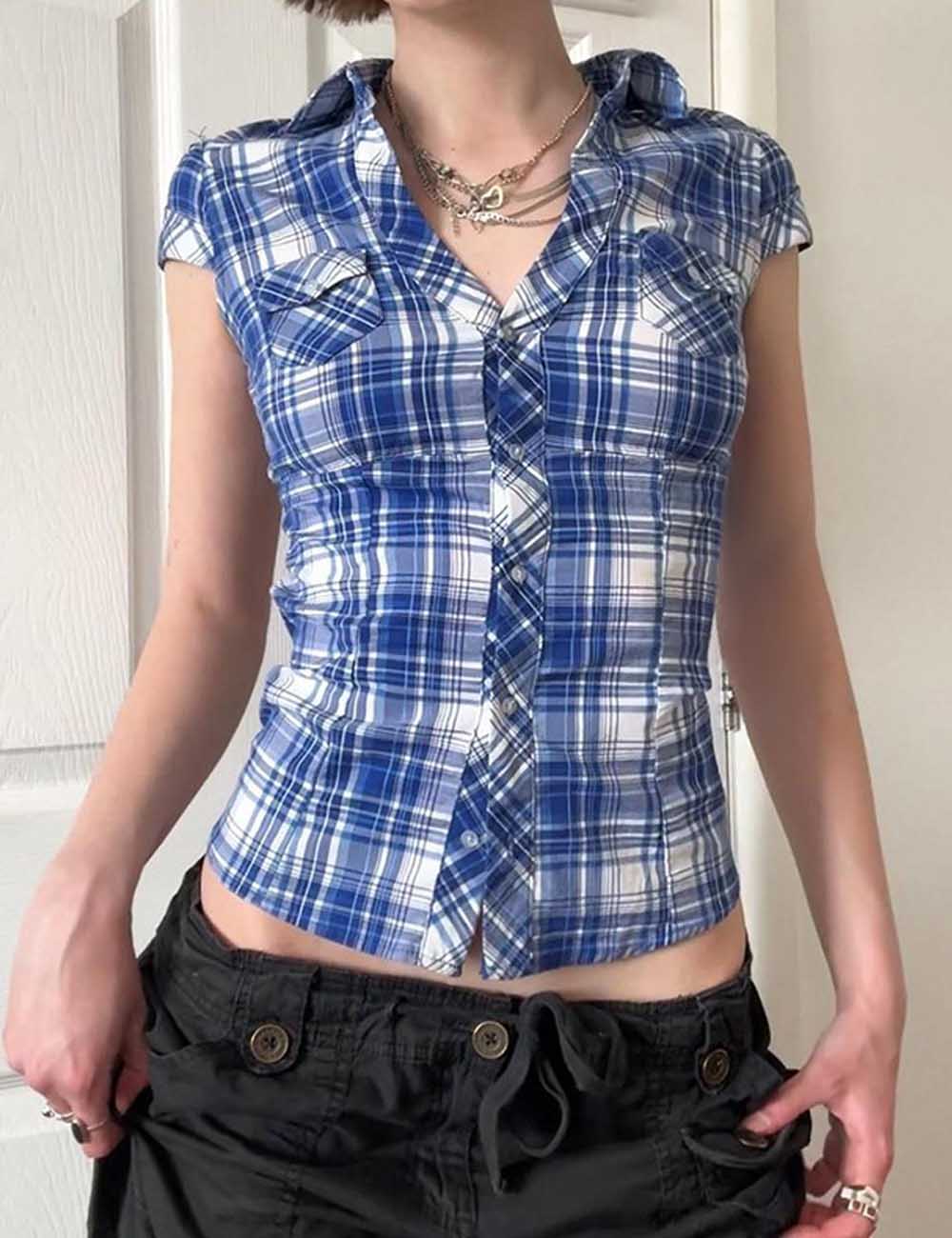 Vintage Plaid V-Neck Short Sleeve Shirt DP25F524