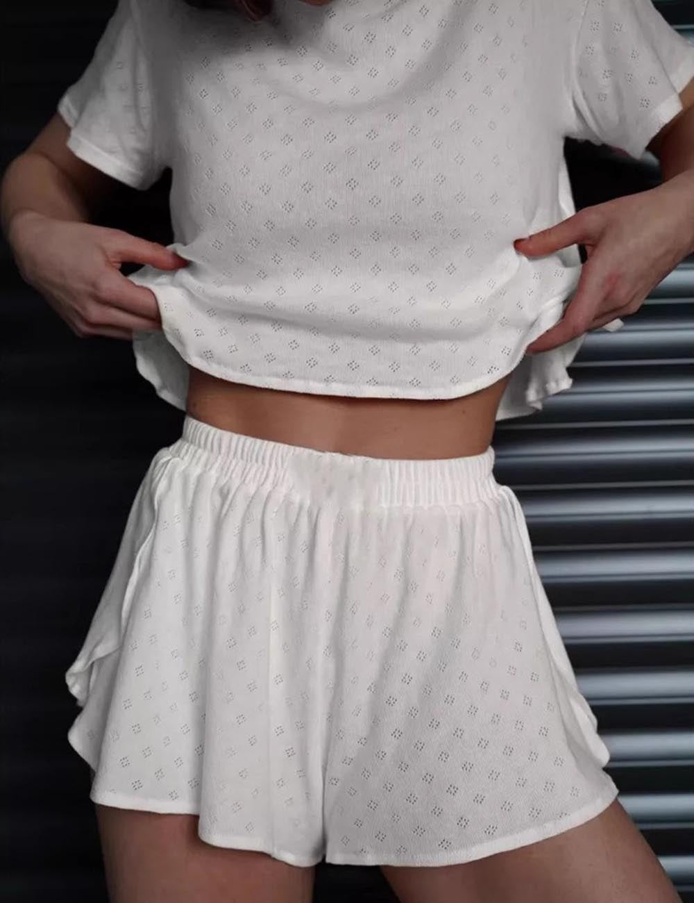 Simple Top Split Shorts Knit Loungerwear Set DP25F495