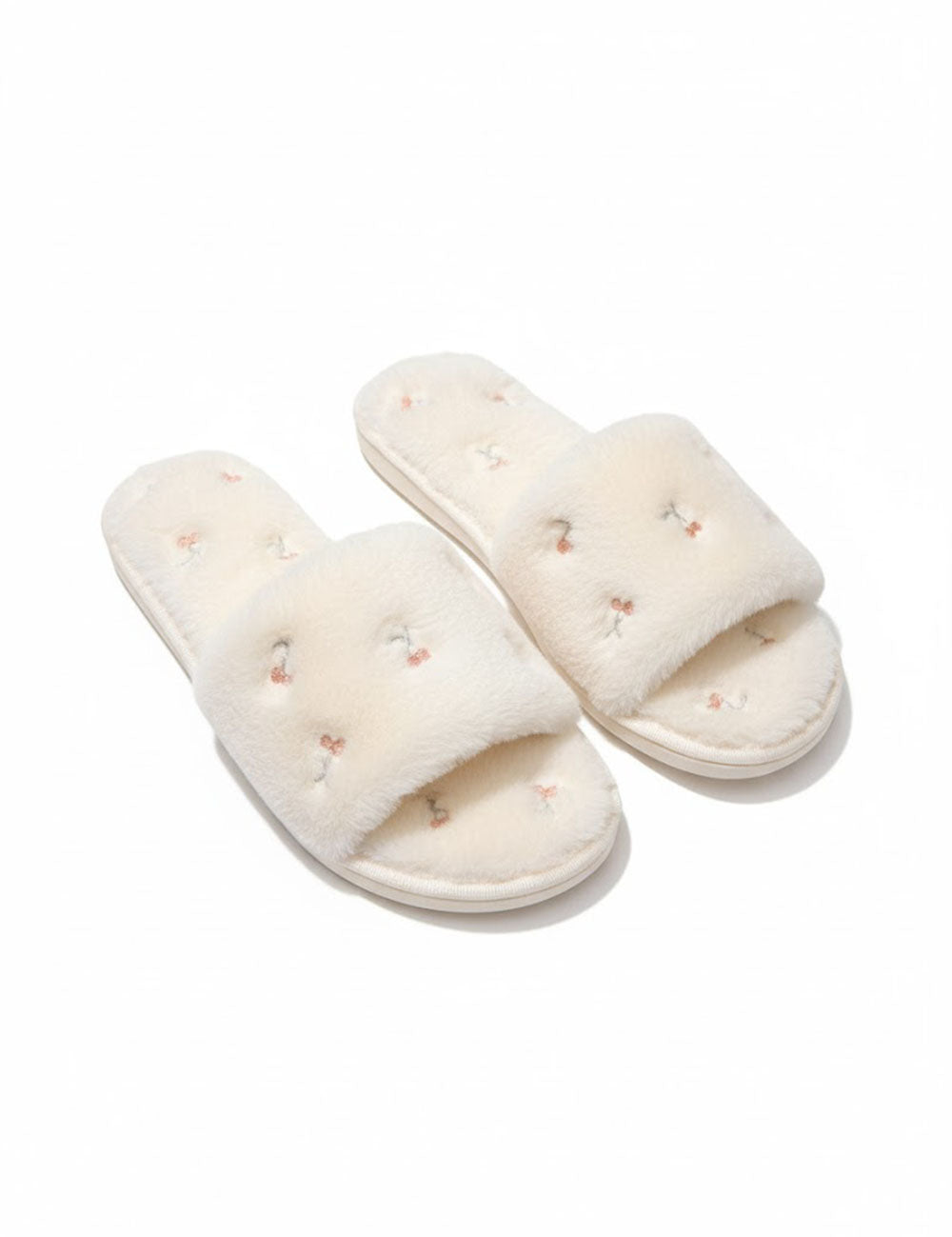 Cherry Embroidery Open Toe Plush Slippers DP25G470