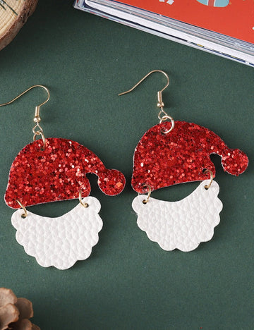 Christmas Hat Sequins PU Patchwork Drop Earrings DPJE1917