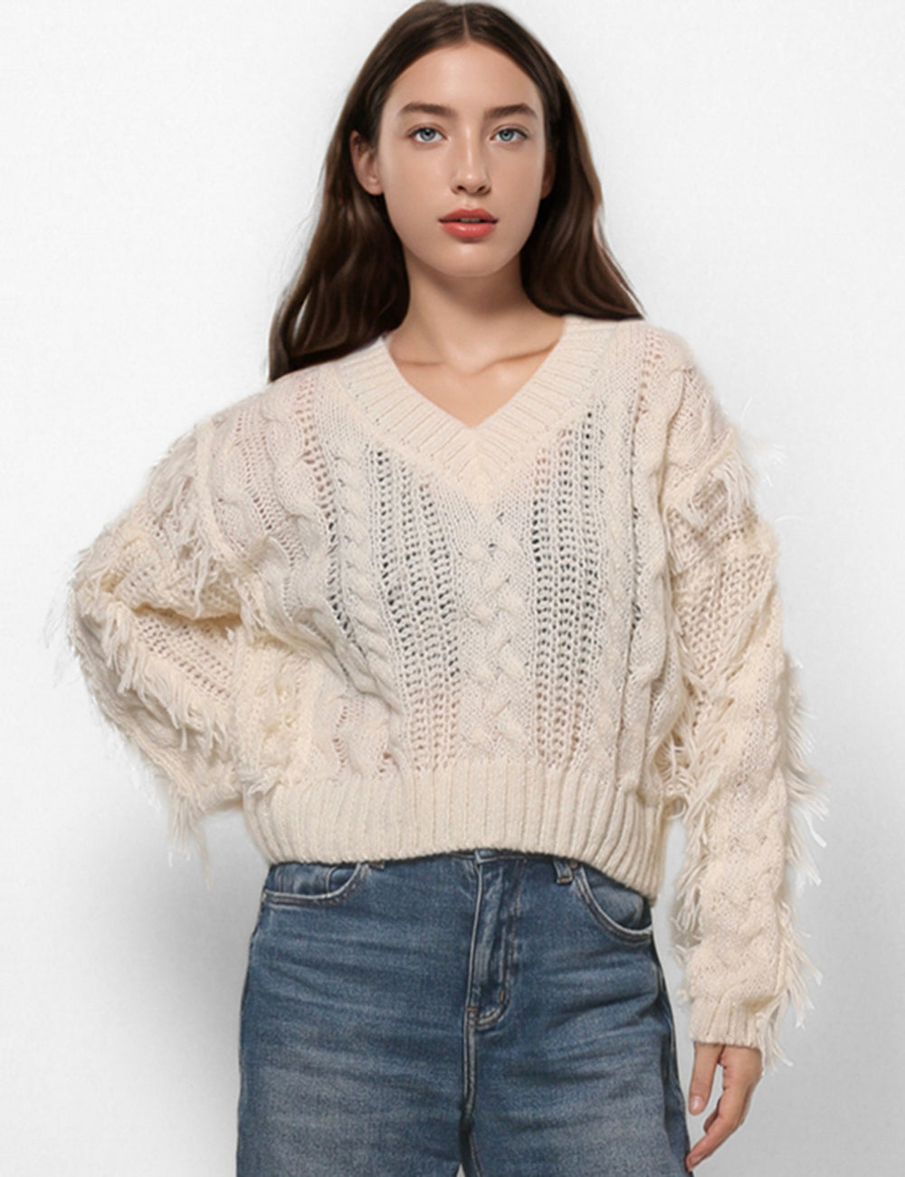 Twist Tassel Loose V-Neck Short Sweater DPT4758