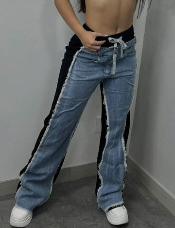 Fashion Splicing Drawstring Straight Leg Jeans DP25G678