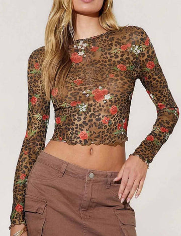 Leopard Print Round Neck Long Sleeve Blouse DP25G998