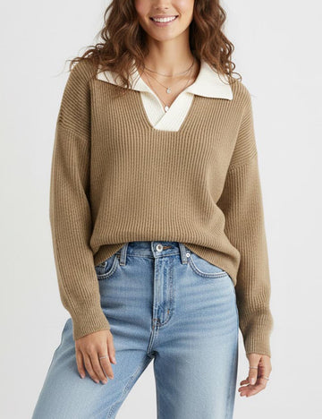 Knit Polo Collar Color Block Pullover Sweater DP25G931