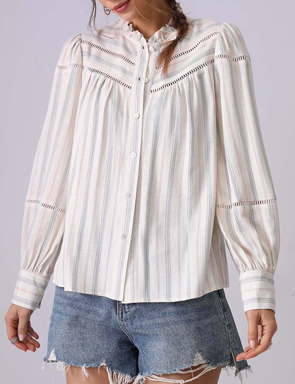 Simple Striped Long Sleeve Ruffle Neck Top DP25D879