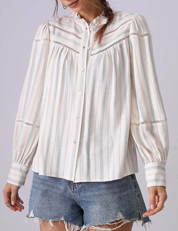 Simple Striped Long Sleeve Ruffle Neck Top DP25D879
