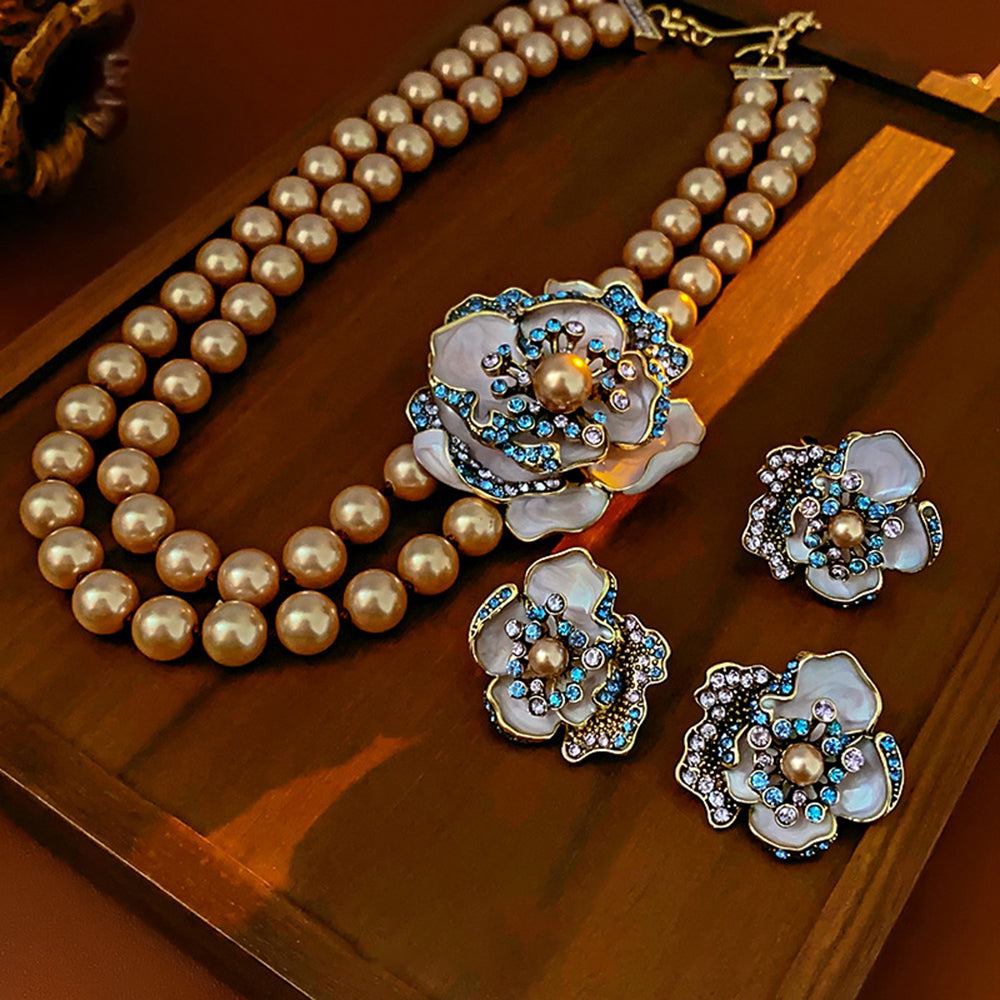 Retro Rhinestone Enamel Floral Pearl Necklace 6W6JNC962