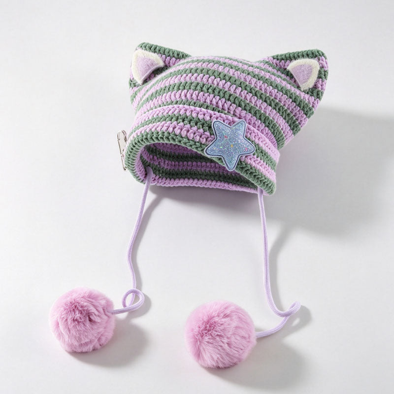 Cute Striped Cat Ear Beanie Hat With Pompoms 6W6HAT524