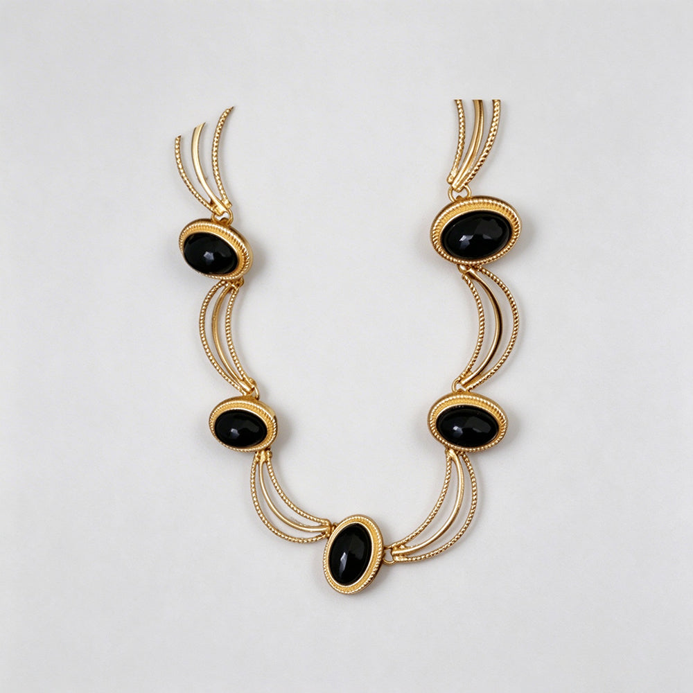 Retro Gold Plated Oval Gemstone Chain Necklace 6W6JNC942