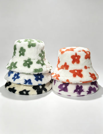 Cute Floral Print Color Block Plush Bucket Hat 6W6HAT822