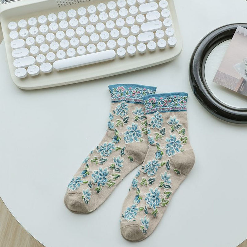 Vintage Floral Embossed Breathable Crew Socks 6W8FSO741