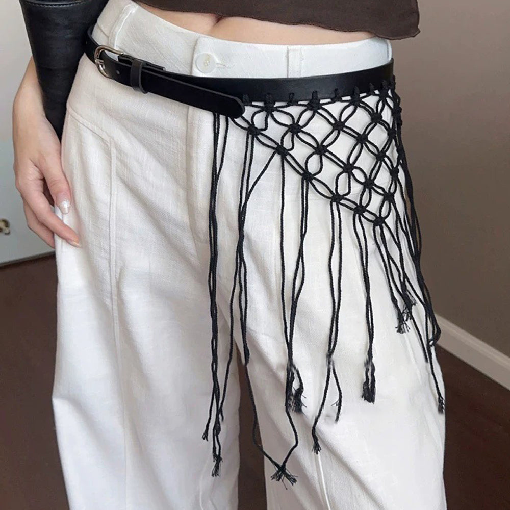 Vintage Woven Hollow Out Mesh Tassel Waist Belt 6W6JBT228