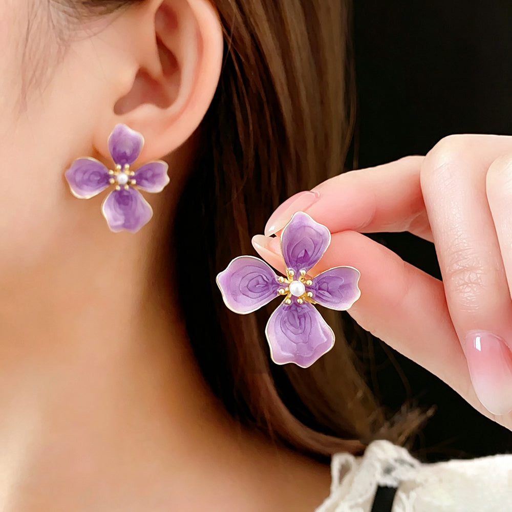 Vintage Enamel Rhinestone Flower Stud Earrings 6W6JER770