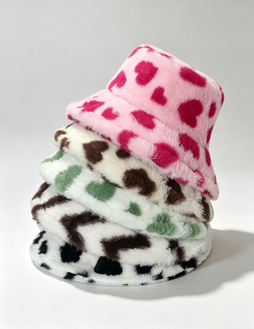 Trendy Heart Print Fluffy Plush Bucket Hat 6W6HAT808