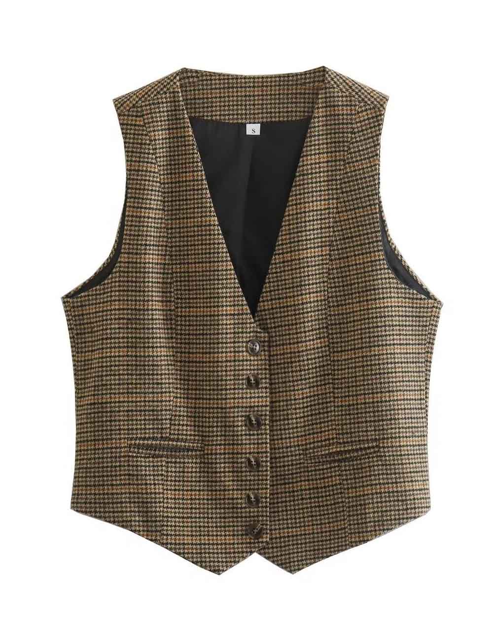 Vintage Plaid V-Neck Sleeveless Vest DP25E920