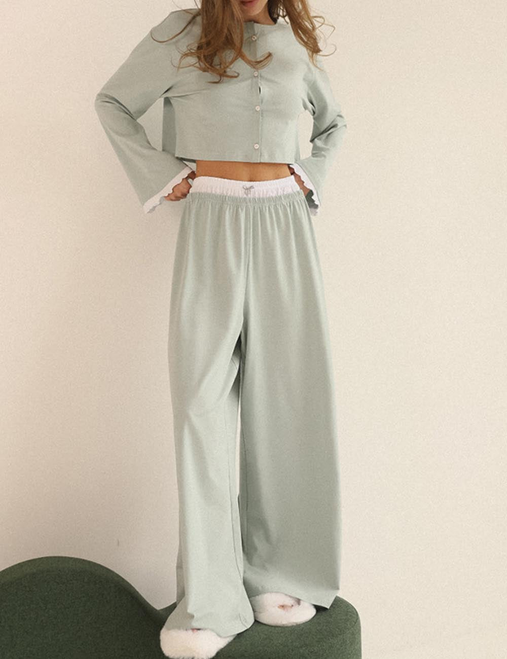 Casual Color Block Long Sleeve Sleepwear Set DP25F879