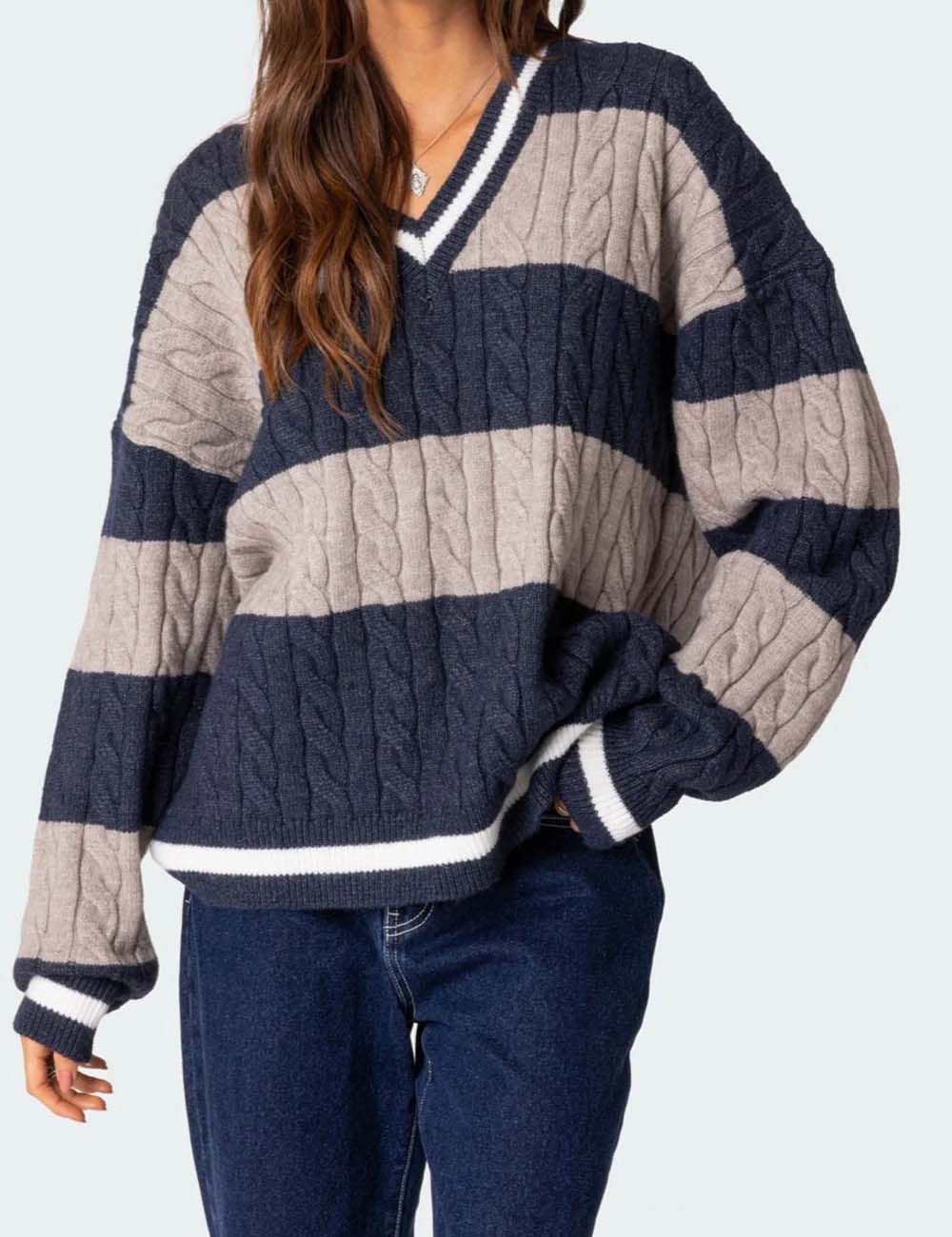 Color Block Striped V-Neck Oversized Sweater DP25F534