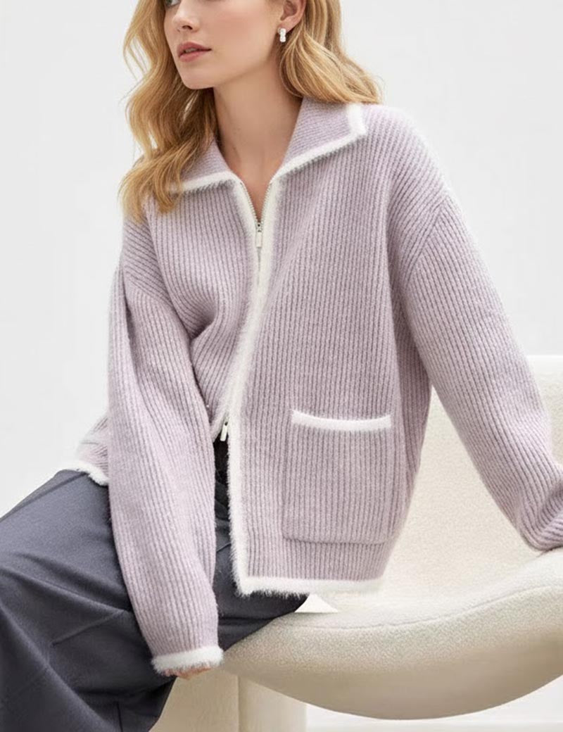 Soft Color Block Zipper Lapel Pocket Knit Cardigan DP25G814