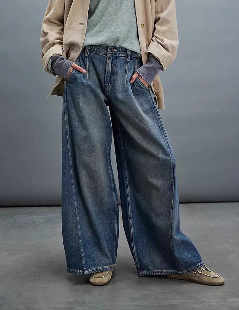 Distressed Washed Mid Waist  Wide Leg Denim Pants DP25G694