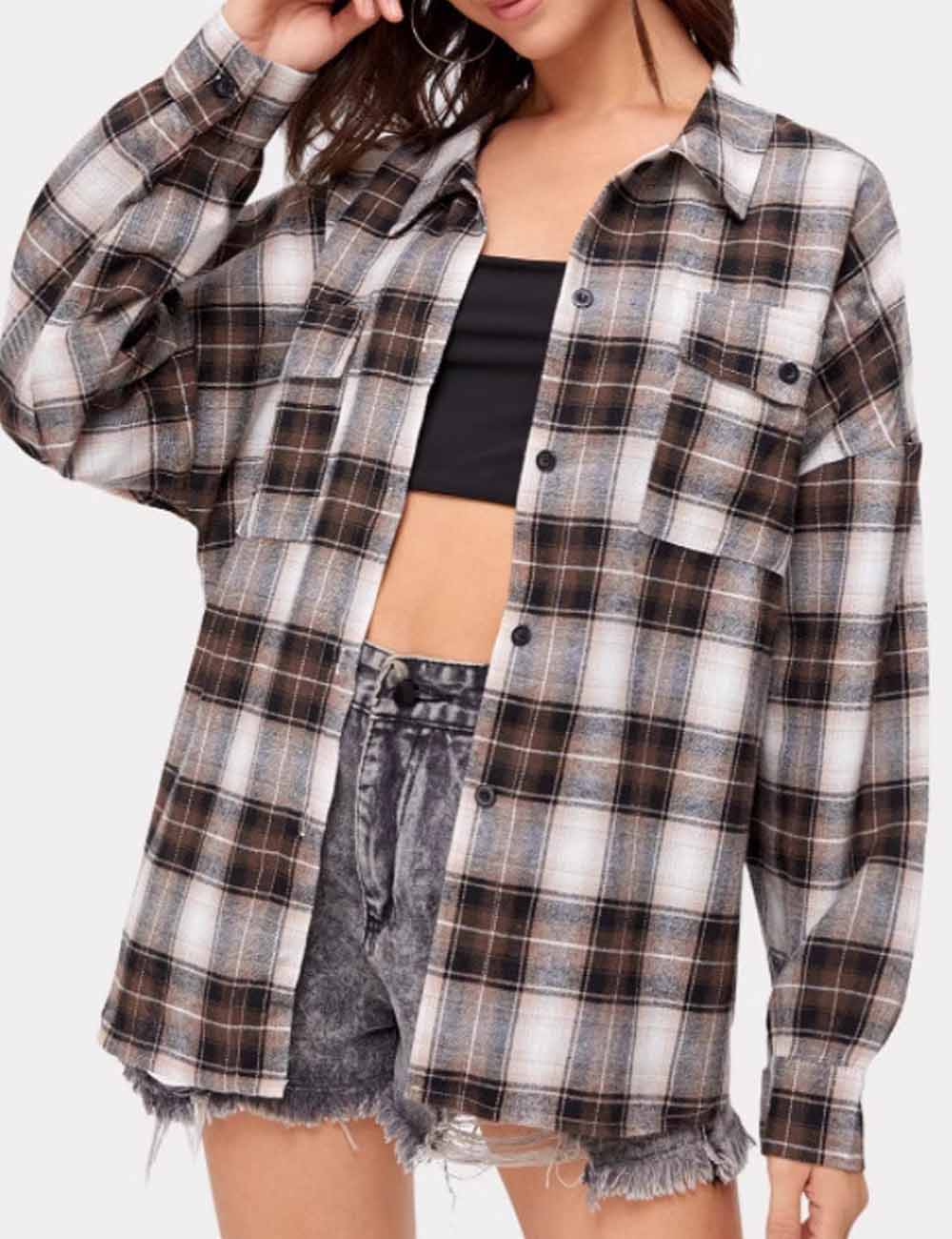 Vintage Plaid Lapel Collar Button Down Shirt DP25F515