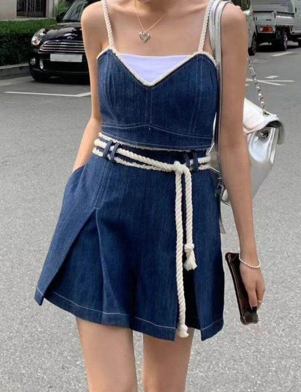 Strap Shoulder Denim Mini Dress - DippedShop Wholesale - #5763