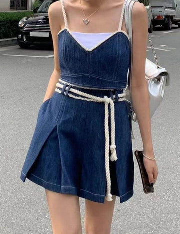 Strap Shoulder Denim Mini Dress - DippedShop Wholesale - #5763