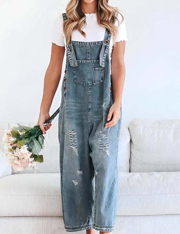 Distressed Rippd Loose Wide Leg Bib Overalls DP25G676
