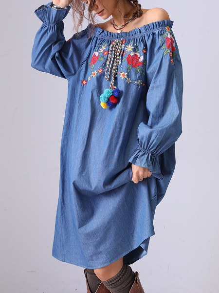 Off Shoulder Flower Embroidered Mid Denim Dress DP25C881