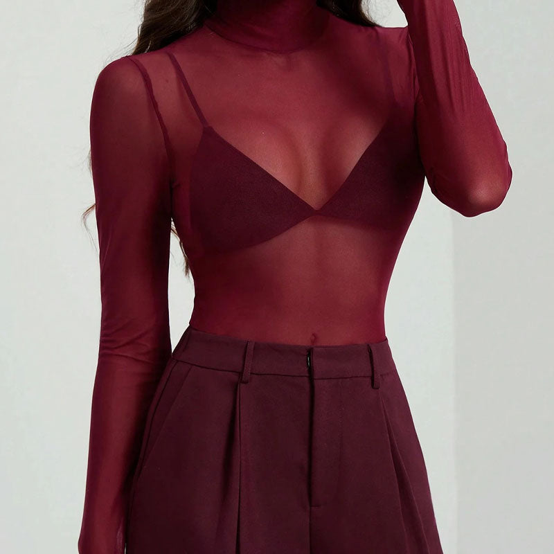 Mesh High Neck Long Sleeve Sheer Blouse DP25G983