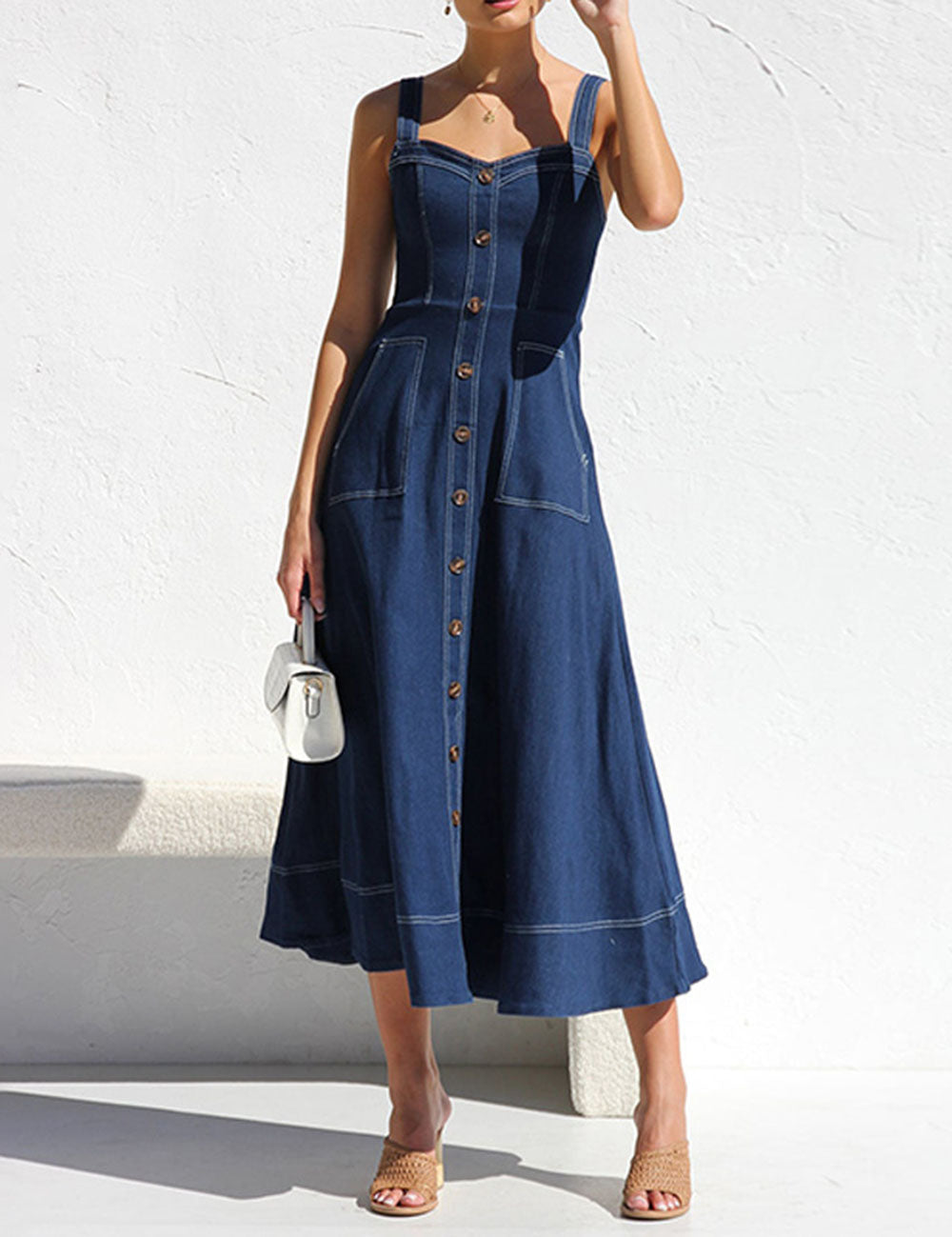 Casual Sleeveless Distressed Denim Maxi Dress DP25E840