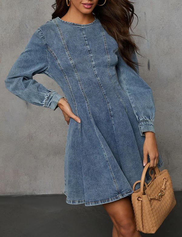 Splicing Washed Long Sleeves Denim Mini Dress DP25E656