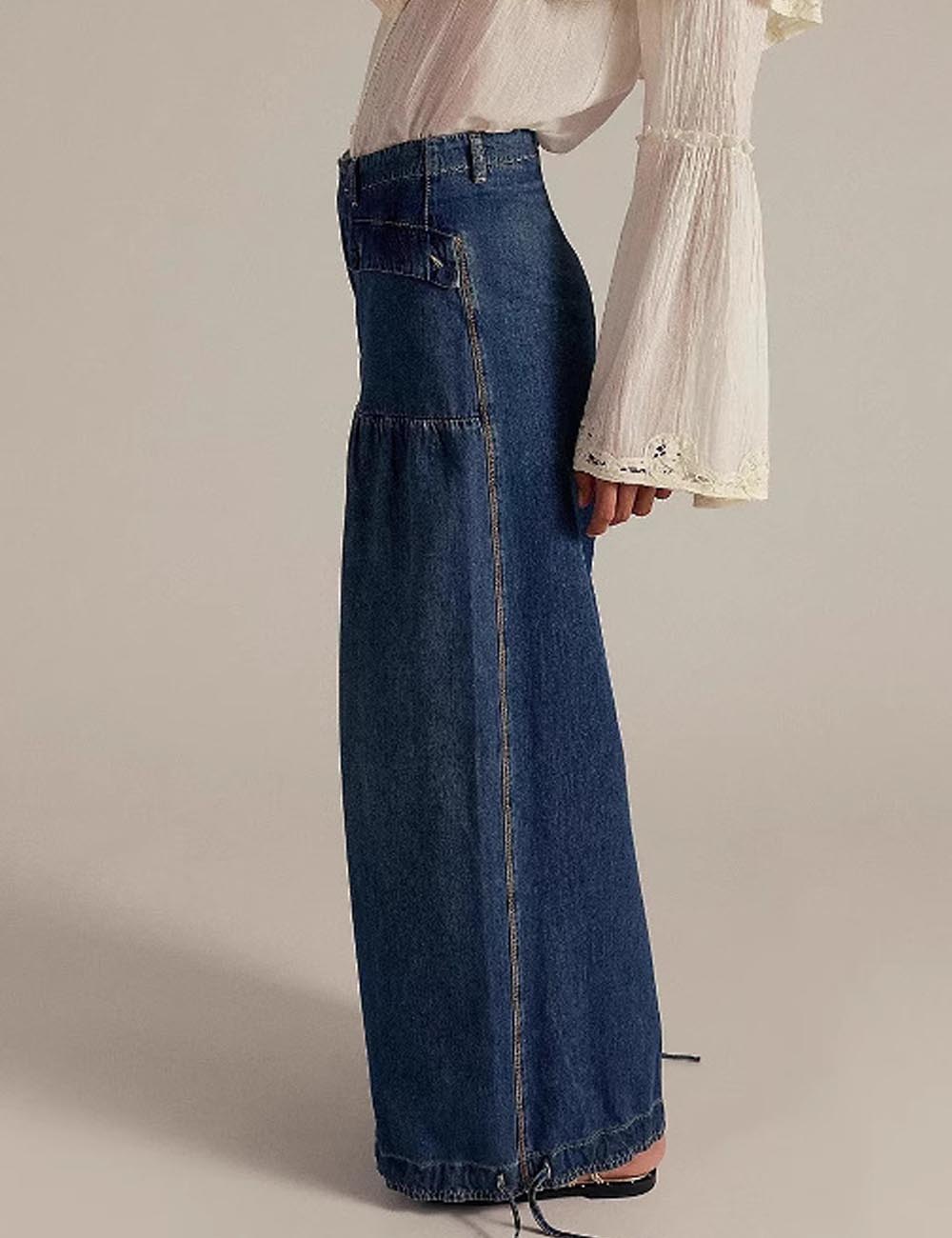 Simple Ruched Drawstring Cuffed Denim Pants DP25E481