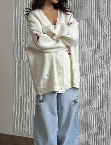 Cute Animal Embroidery V-Neck Oversized Cardigan DP25G967
