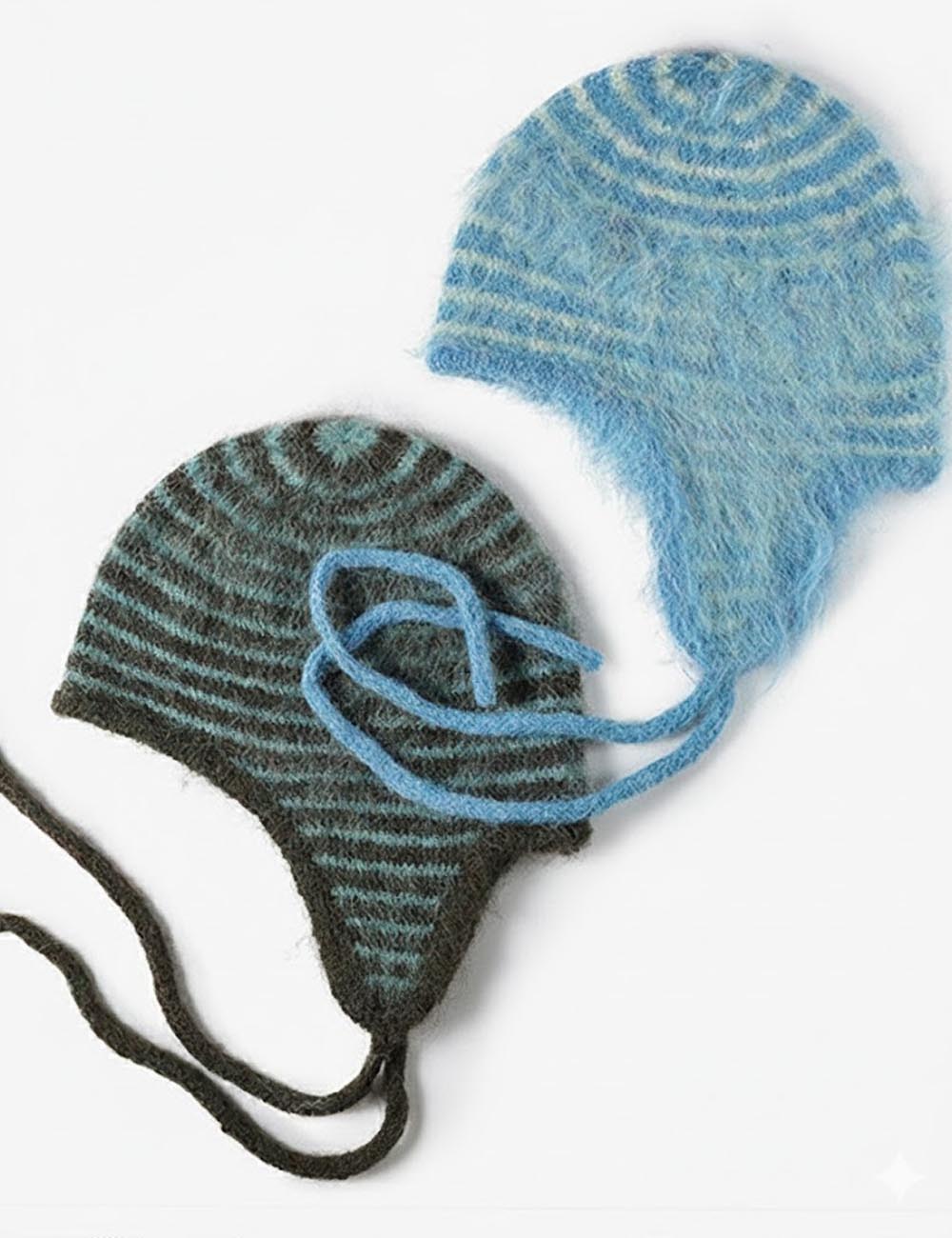 Fuzzy Striped Knit Beanie Hat With Drawstring DP25H698