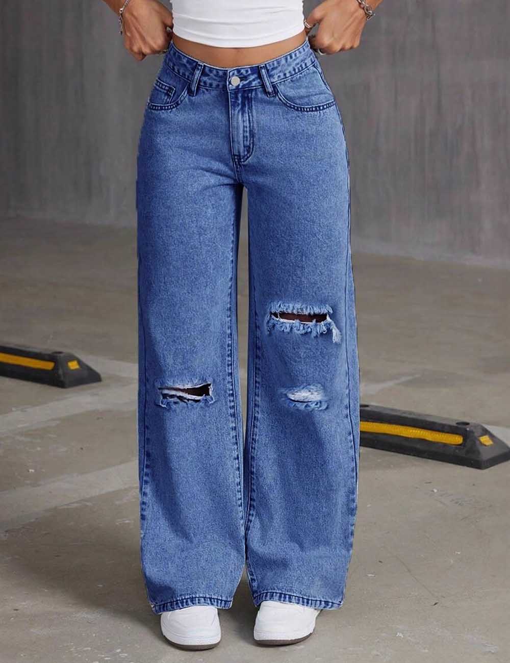 Distressed Ripped Wide Leg Baggy Denim Pants DP25G907