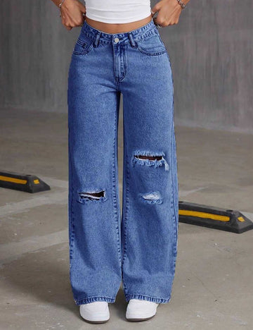 Distressed Ripped Wide Leg Baggy Denim Pants DP25G907