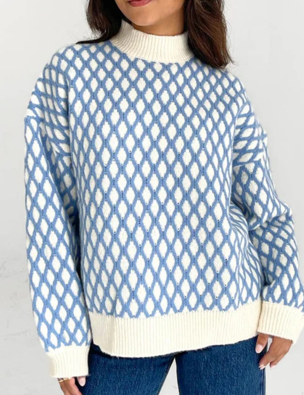 Round Neck Plaid Lantern Sleeve Pullover Sweater DPT1414